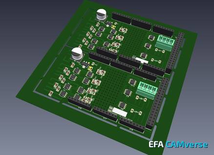 EFA CAMverse 3D-Ansicht: bestückter Leiterplatten-Nutzen mit Bauteilen als 3D-Modelle